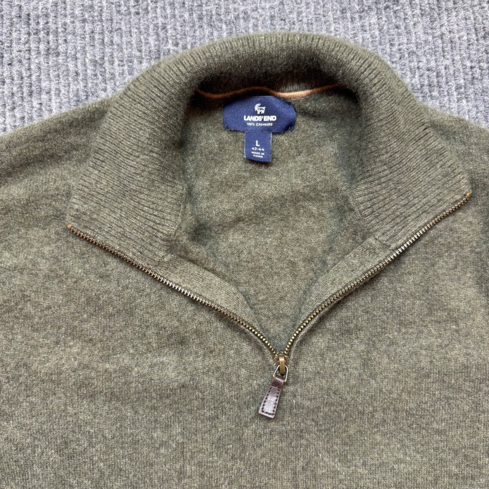 Cashmere Lands End Quarter Zip Sweater Mens Large Green Knit Pullover Preppy - Picture 3 of 11